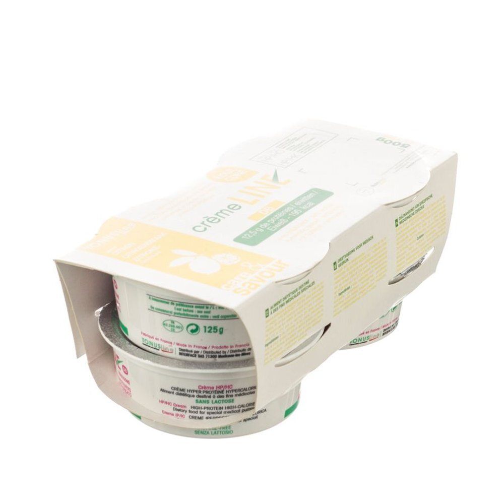 Emballage de plusieurs petits pots. Inscription "crème". Pots avec couvercles, dans un emballage en carton. Inscription "125g".