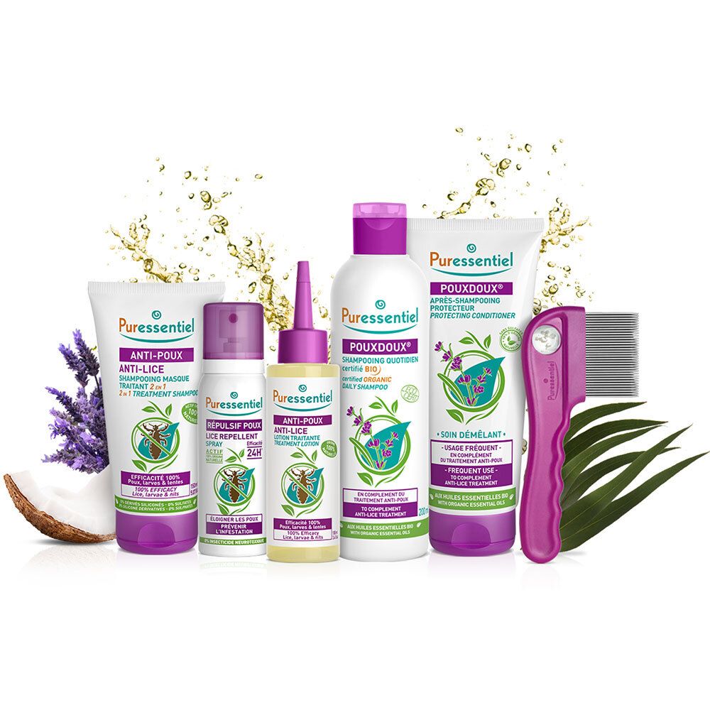 Divers produits Puressentiel: shampoing, après-shampoing, anti-poux et peigne.