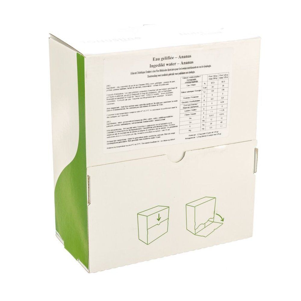 Witte kartonnen verpakking met groene accenten. Tekst in het Frans en Engels. Bevat voedingsinformatie en instructies.