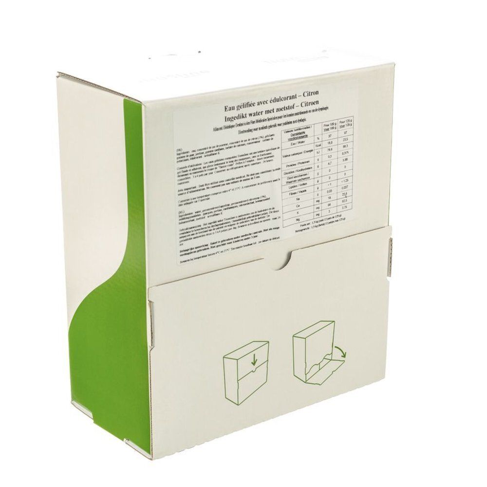 Witte kartonnen verpakking met groene accenten. Tekst in het Frans en Nederlands. Bevat voedingsinformatie en instructies.