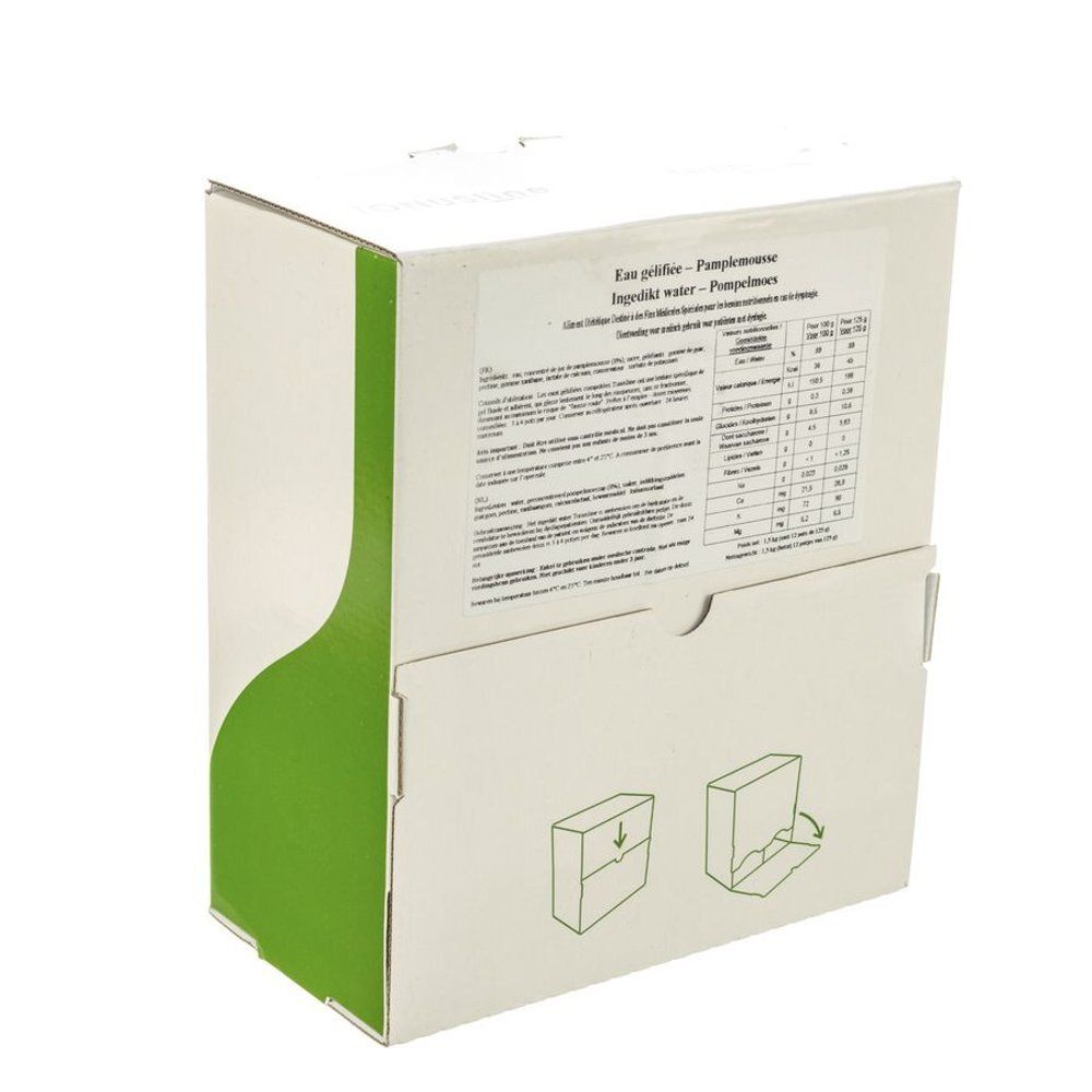 Boîte en carton blanche avec accent vert. Texte: Eau gélifiée - Pamplemousse. Ingrédients et informations nutritionnelles.