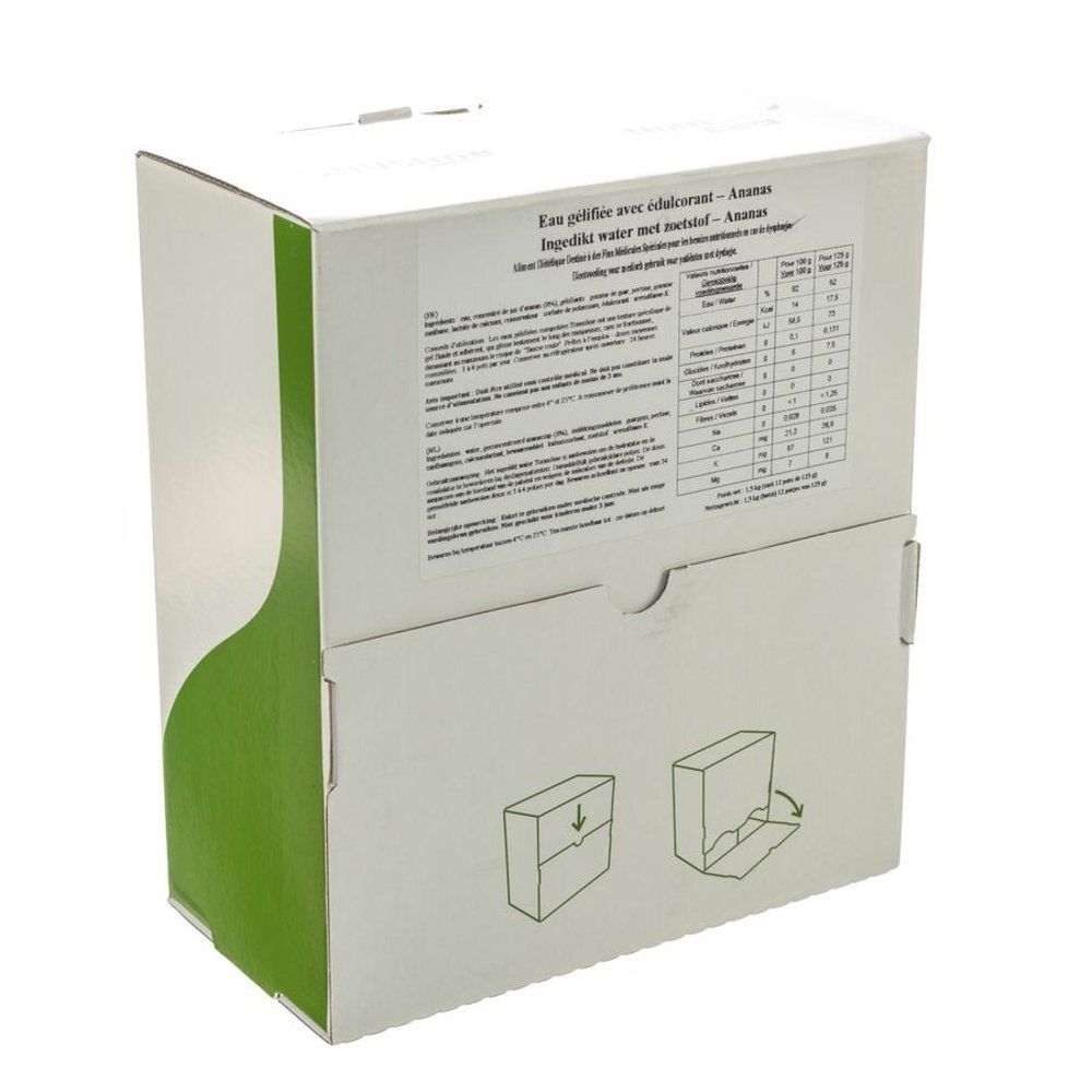 Witte doos met groene accenten. Meertalige tekst. Bedrukking met voedingswaarde-informatie en instructies.