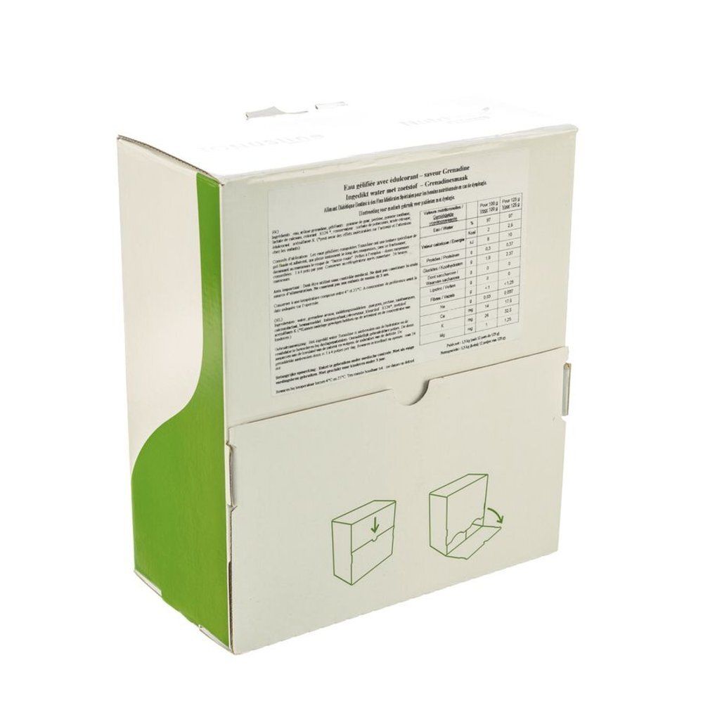 Emballage de produit blanc avec des accents verts. Texte et graphiques sur la surface. Couvercle rabattable avec illustrations.