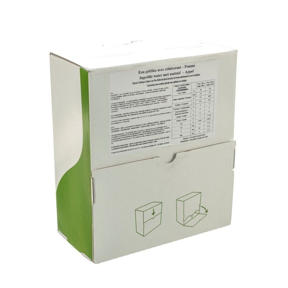 Witte doos met groene accenten. Etiket met tekst en tabel. Illustraties voor openen. Productverpakking.