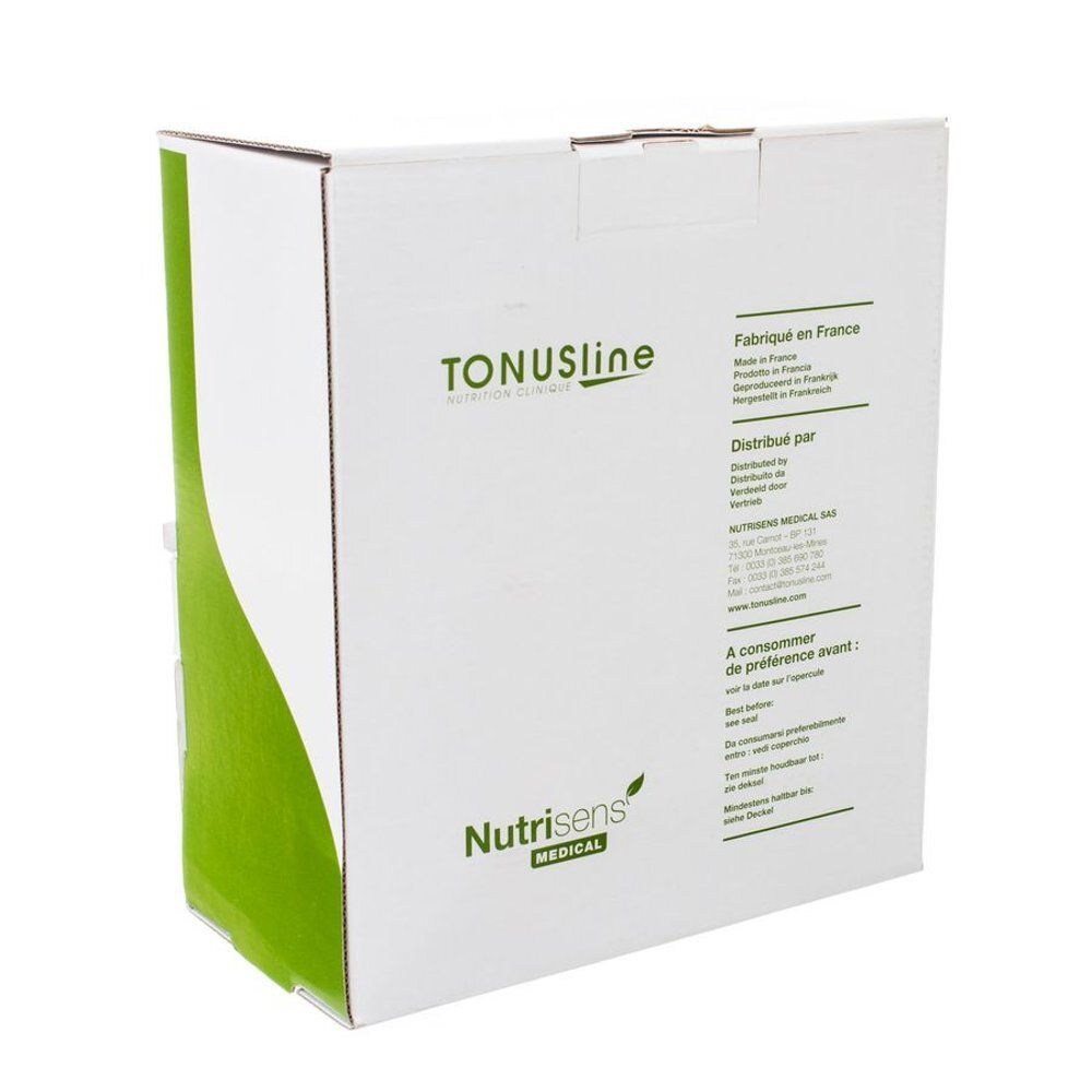 Witte kartonnen doos met groene accenten. Opschriften: TONUSline, Nutrisens MEDICAL, productie- en distributie-informatie.