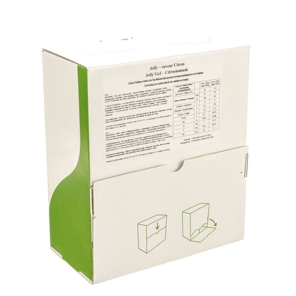Kartonnen verpakking met groene accenten. Opschrift: Jelly-Gel Citronmask, voedingstabel, pictogrammen voor het openen.