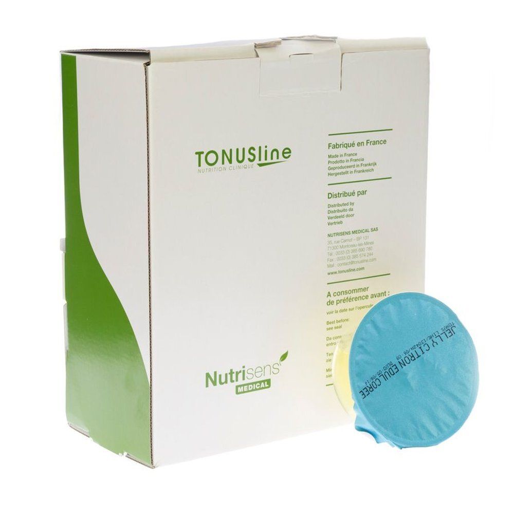 Witte doos met groene decoratie en productinformatie. Blauwe, ronde jelly verpakking met tekst.