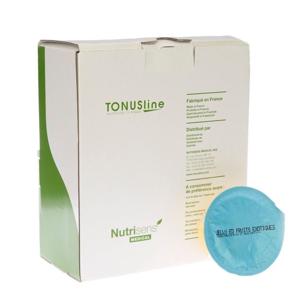 Kartonnen doos met productverpakking. Opschriften: TONUSline, Nutrisens Medical. Daarnaast een blauwe, ronde verpakking met opschrift: Jelly Ed Fruits Exotiques.
