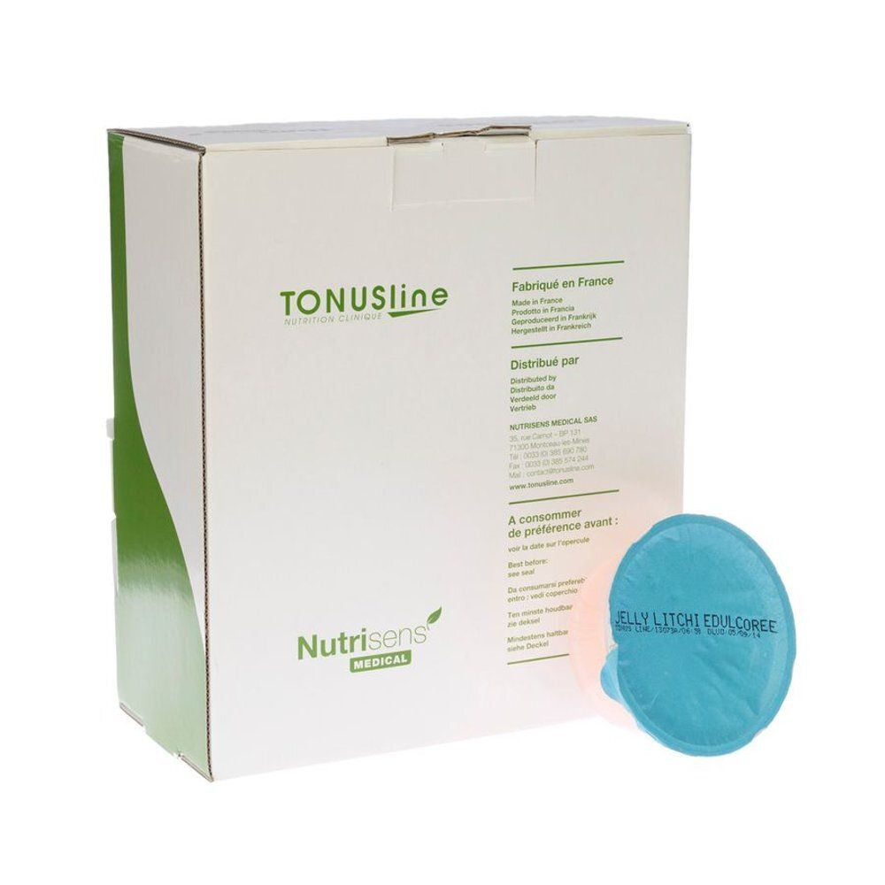 Emballage en carton blanc avec accents verts. Sachet de gel bleu avec texte. Marques : TONUSline, Nutrisens MEDICAL. Fabriqué en France.