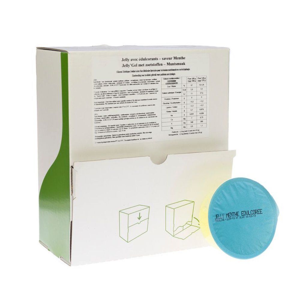 Boîte en carton ouverte avec design vert et produit rond bleu. Texte: Jelly avec édulcorants, tableau nutritionnel.