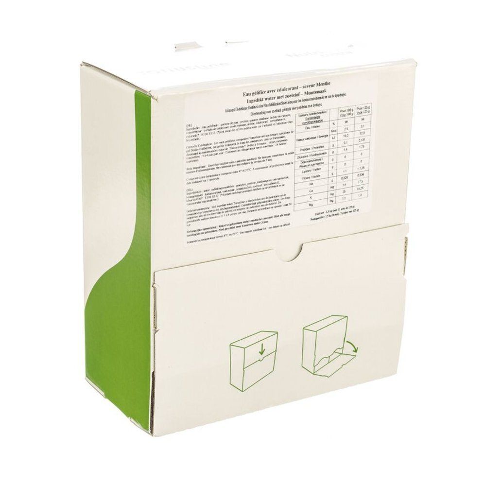 Boîte en carton ouverte avec design vert. Texte: Tableau nutritionnel et texte en français.