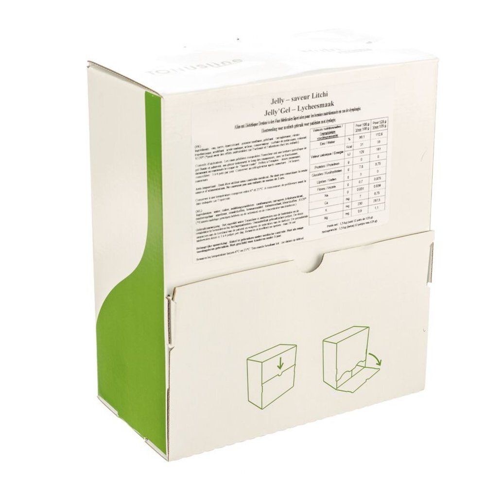 Witte doos met groene accenten. Opschrift: Jelly - saveur Litchi, Jelly Gel - Lycheesmaak. Bevat informatie en een voedingstabel.