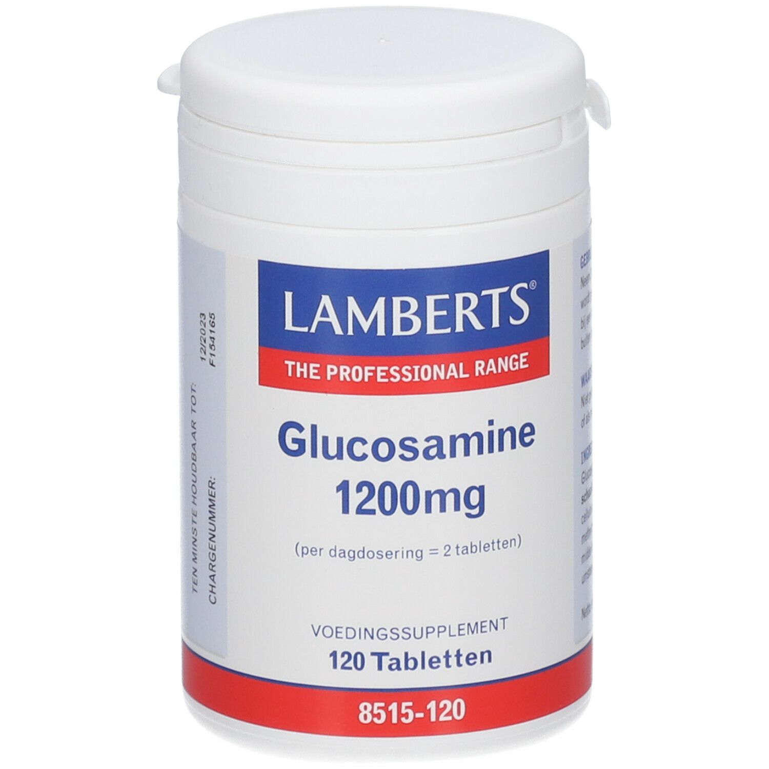 Flacon blanc avec étiquette bleu et rouge. 'Lamberts', 'Glucosamine 1200mg' et '120 comprimés'. Couvercle avec fermeture.