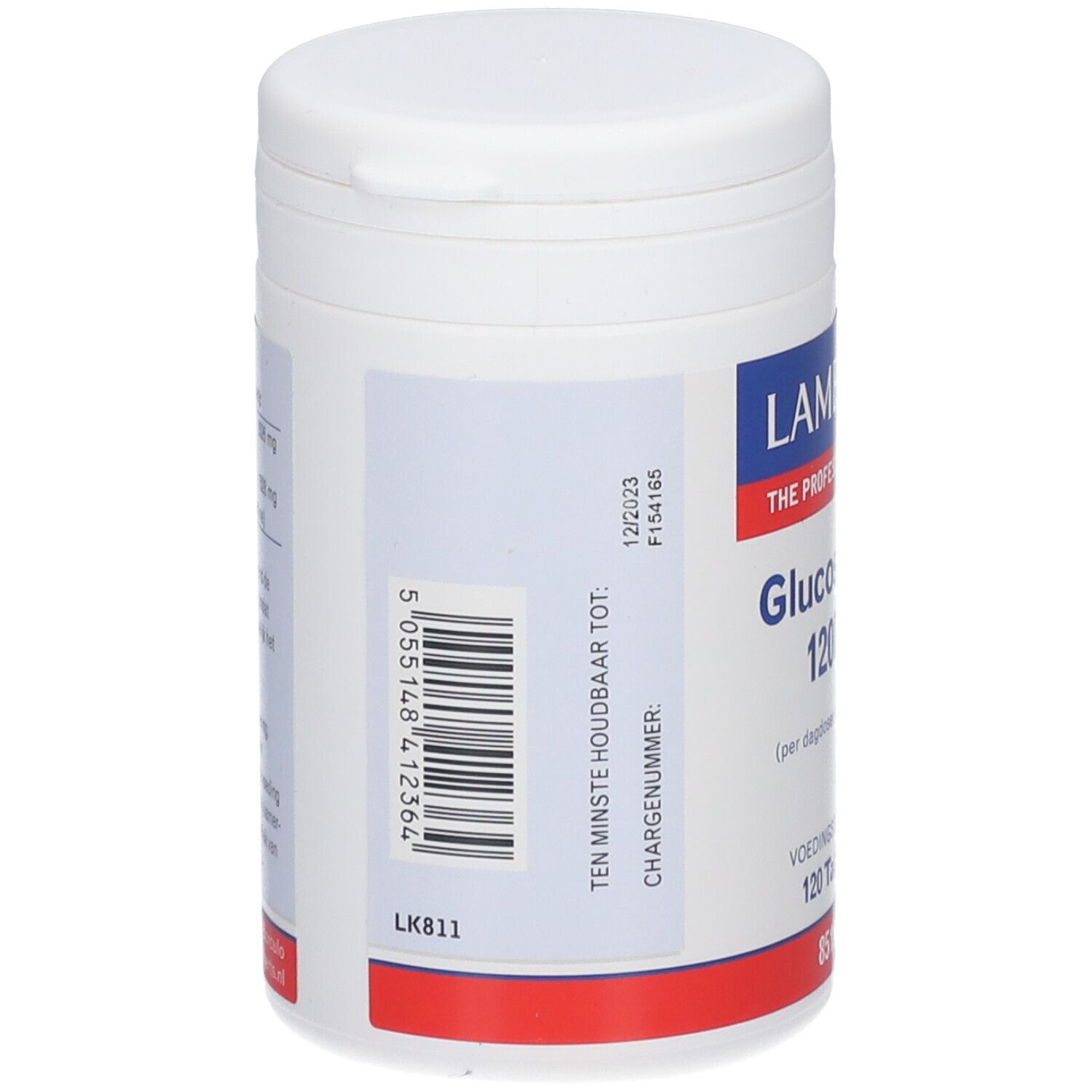 Dos du flacon blanc. Code-barres et texte: 'TEN MINSTE HOUDBAAR TOT:'. Numéro de lot et date de péremption.