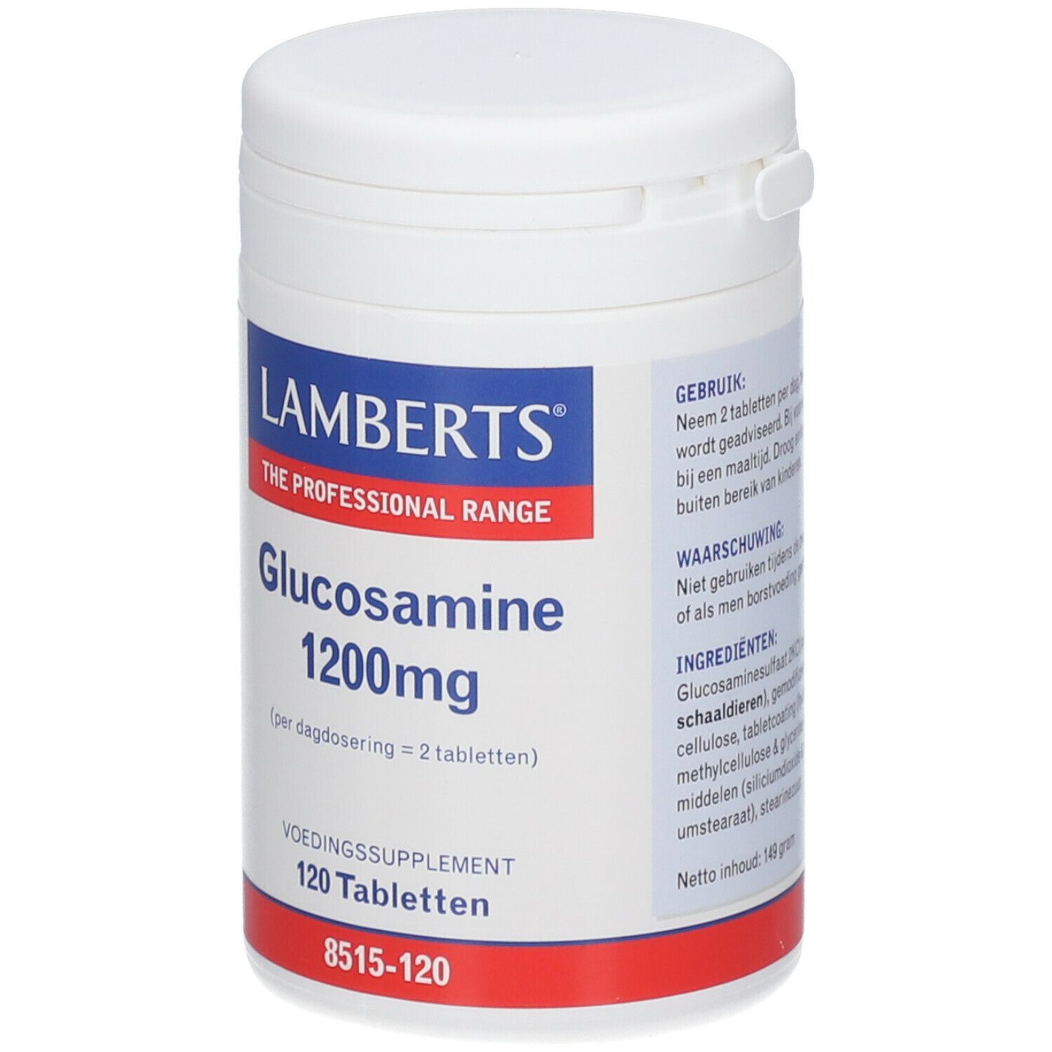 Flacon blanc avec étiquette bleu et rouge. 'Lamberts', 'Glucosamine 1200mg' et '120 comprimés'.