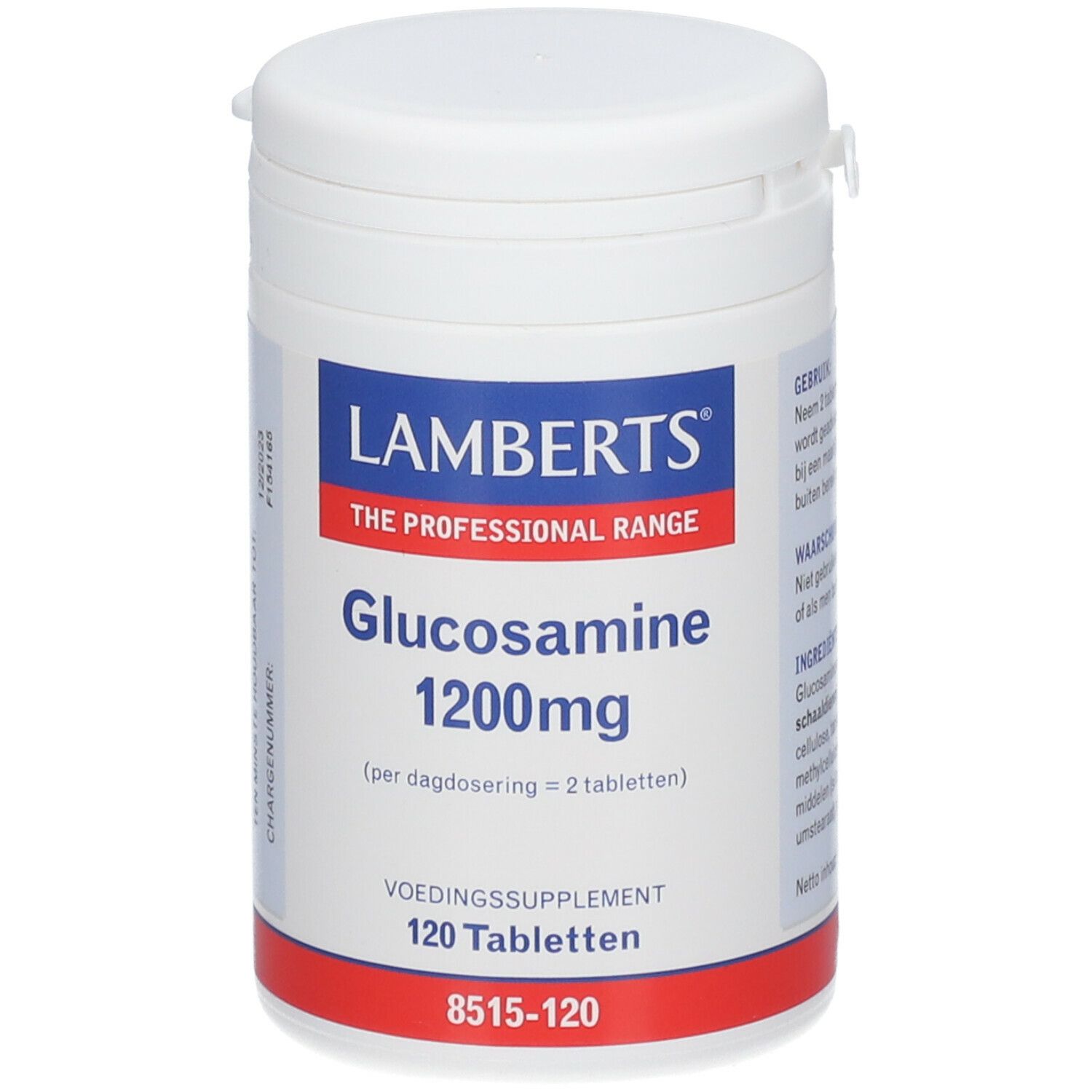 Flacon blanc de complément alimentaire. Étiquettes bleues et rouges avec 'Lamberts', 'Glucosamine 1200mg' et '120 comprimés'.