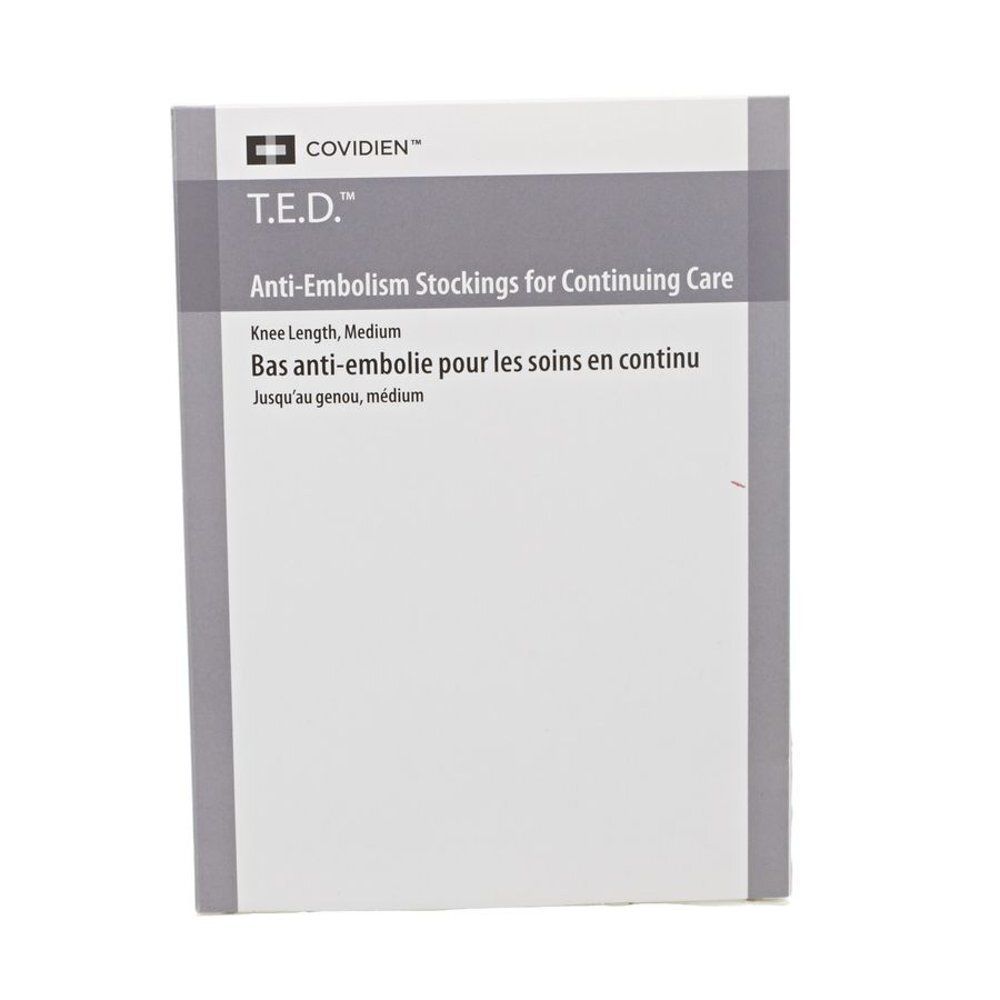 Emballage T.E.D. Bas anti-embolie pour les soins en continu. Longueur genou, taille Medium. Marque: COVIDIEN. Texte en français et anglais.