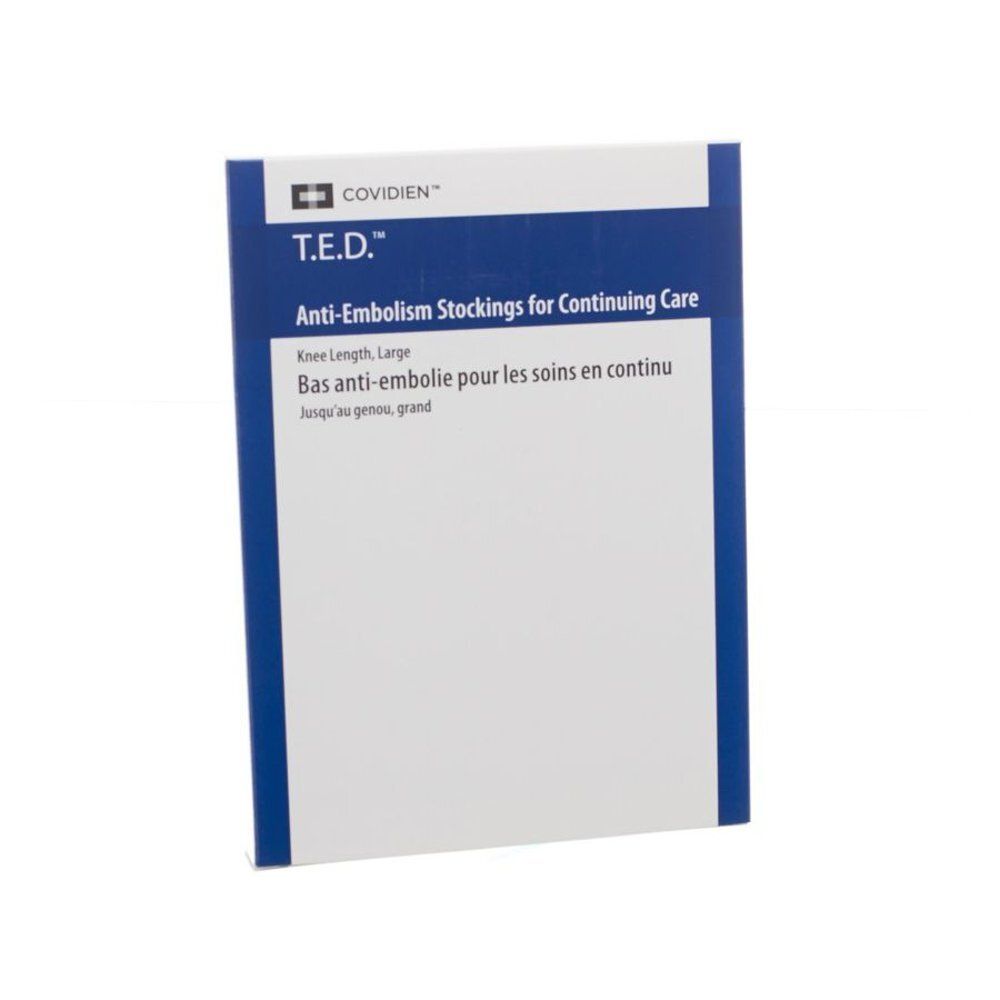 Emballage de bas anti-embolie T.E.D. pour soins continus. Longueur genou, grand. Marque : Covidien.