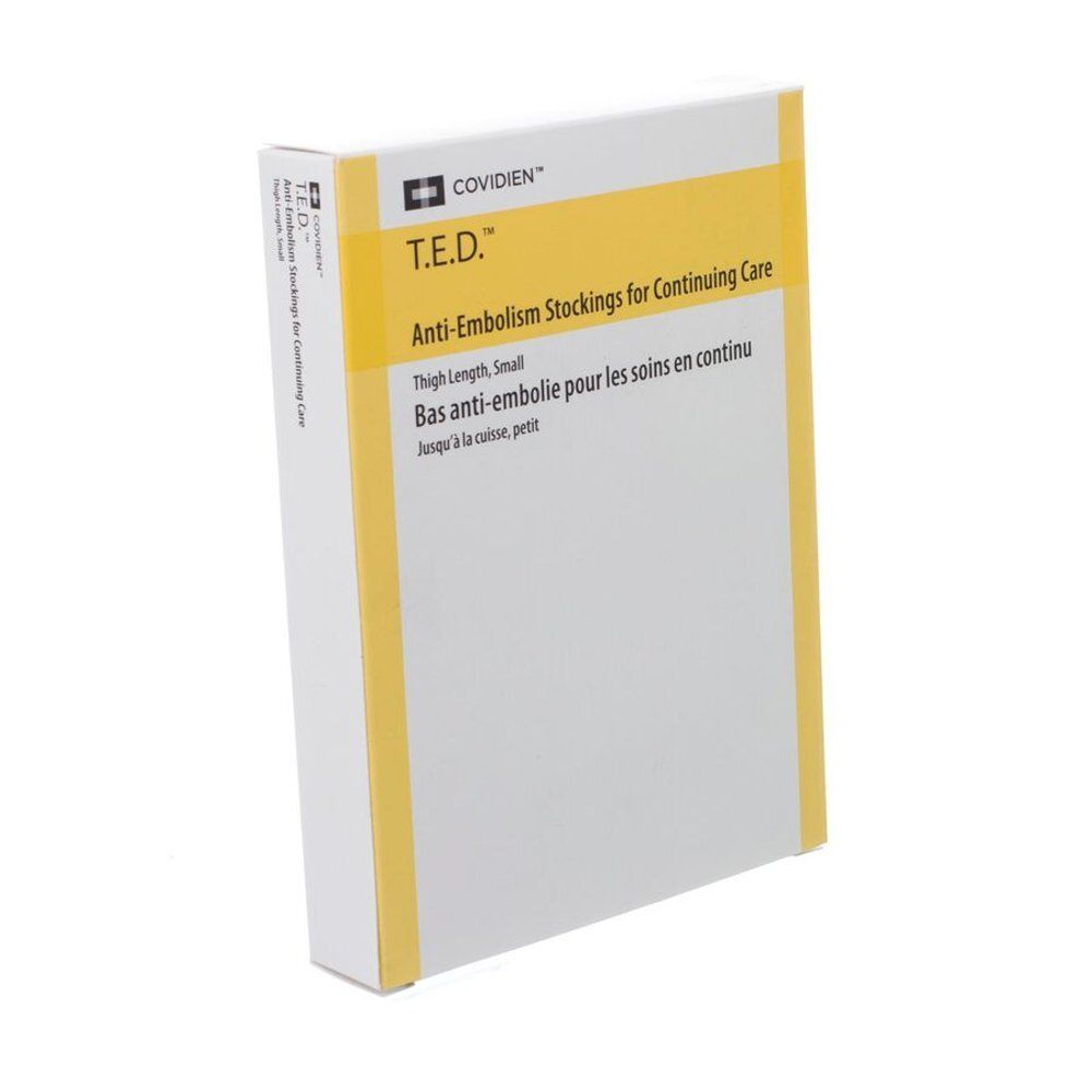 Boîte de bas anti-embolie T.E.D. pour soins continus. Taille petite. Inscription bilingue.
