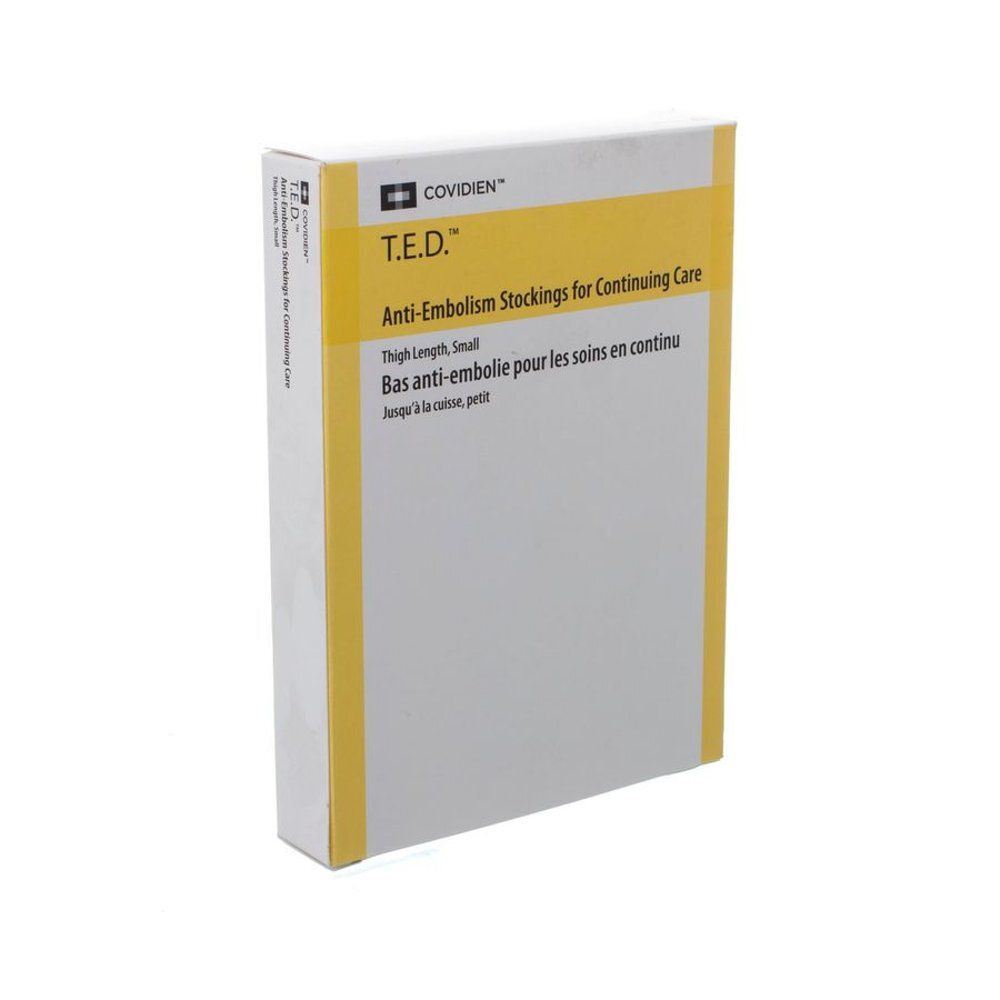 Verpakking van T.E.D. anti-emboliekousen. Opschrift: Thigh Length, Small. Geel-witte verpakking.