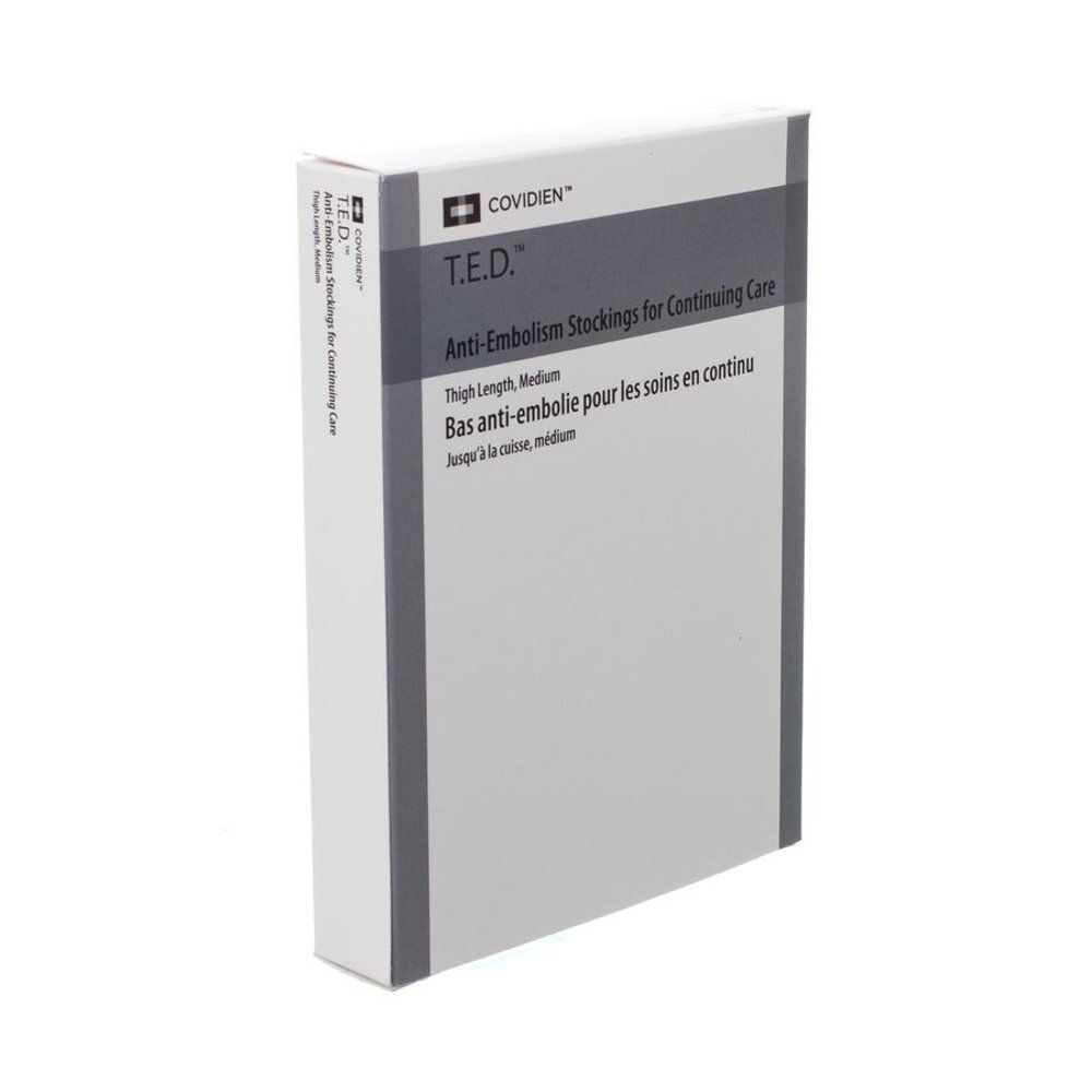 Boîte de bas anti-embolie T.E.D. pour soins continus. Texte en anglais et français. Marque : Covidien.