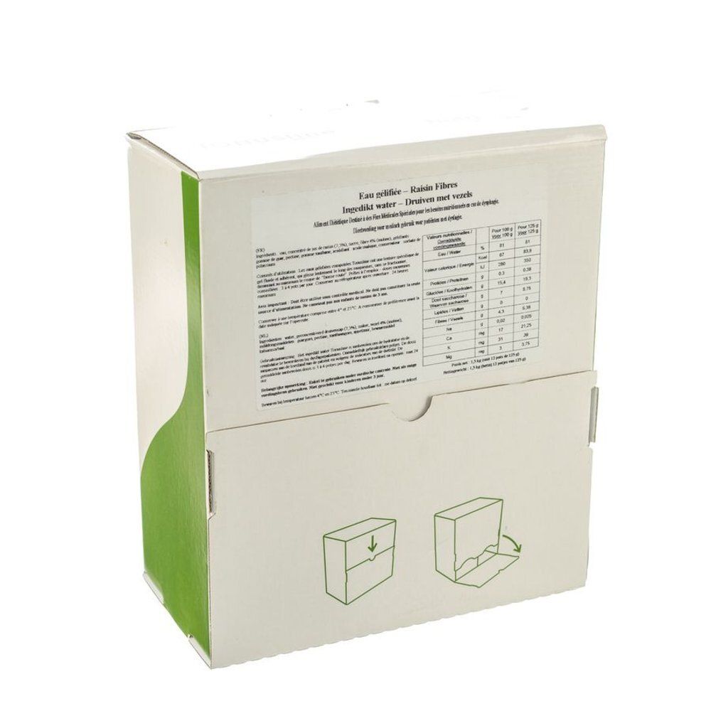 Boîte en carton avec texte et graphiques. Couleurs vert et blanc. Inscription : 'Eau zéfiire - Raisin Fibres'.