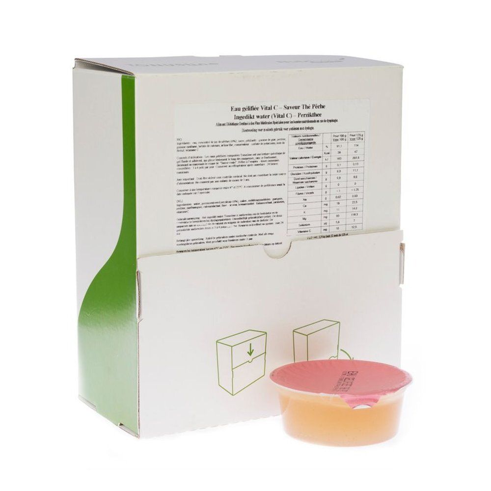 Emballage blanc avec motif vert. Contient une portion ronde orange avec couvercle rose. Texte en français.