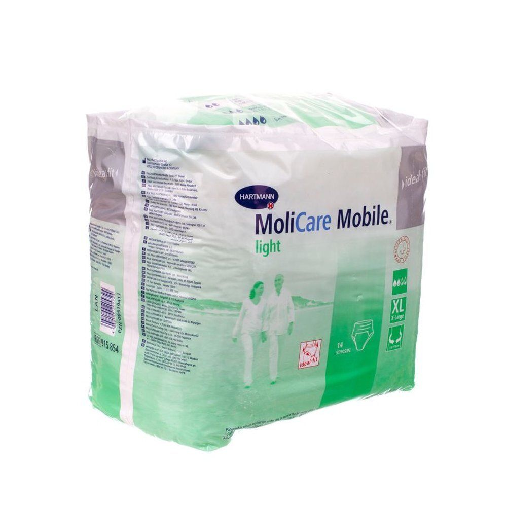 Verpakking MoliCare Mobile light XL. Merk Hartmann. Illustratie van twee personen. Maat XL. 14 stuks.