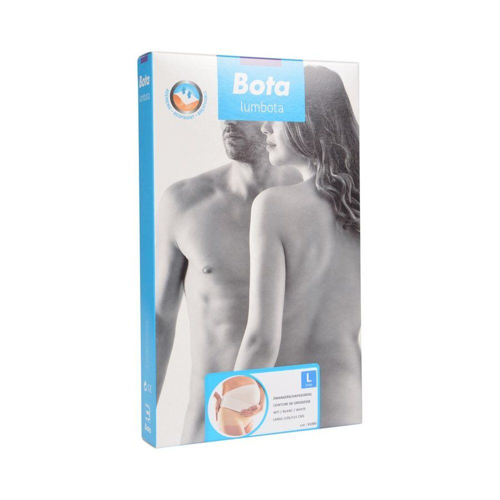 Productverpakking. Opschrift: Bota LUMBOTA. Afbeeldingen van personen en productvoorbeelden.