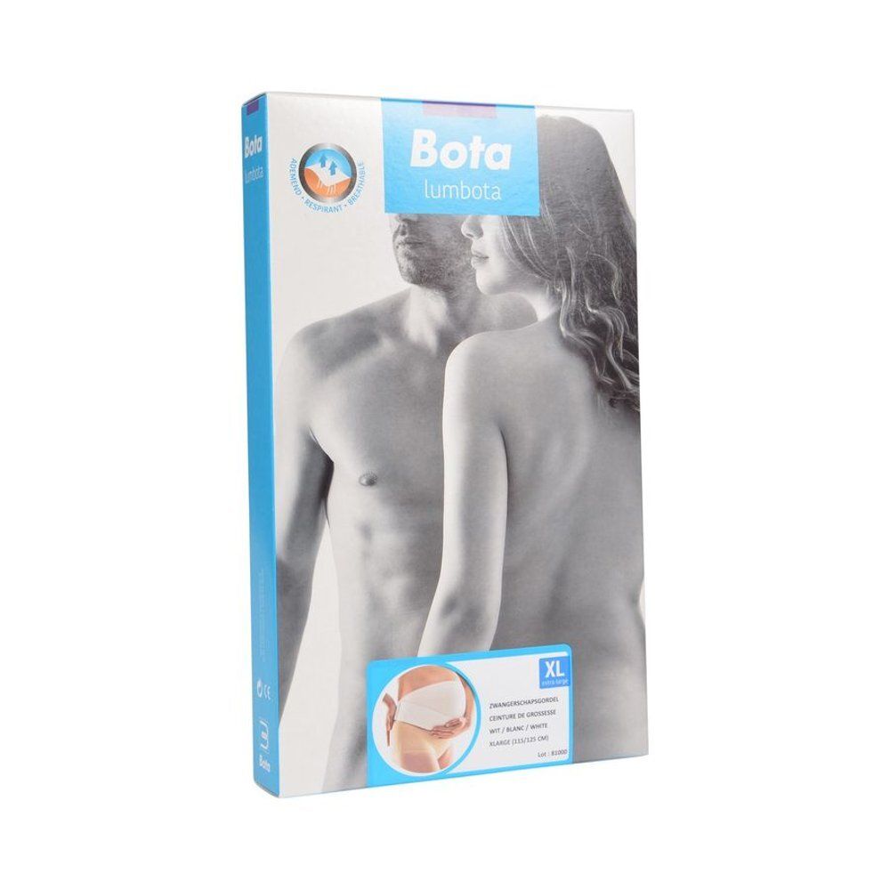Boîte de la ceinture de grossesse Bota Lumbota. XL, blanche. Logo et image du produit. Couleurs bleu et blanc.