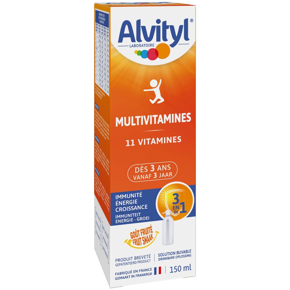 Boîte en carton avec nom du produit et 11 vitamines. Design orange et blanc. Bouteille illustrée. Dès 3 ans.