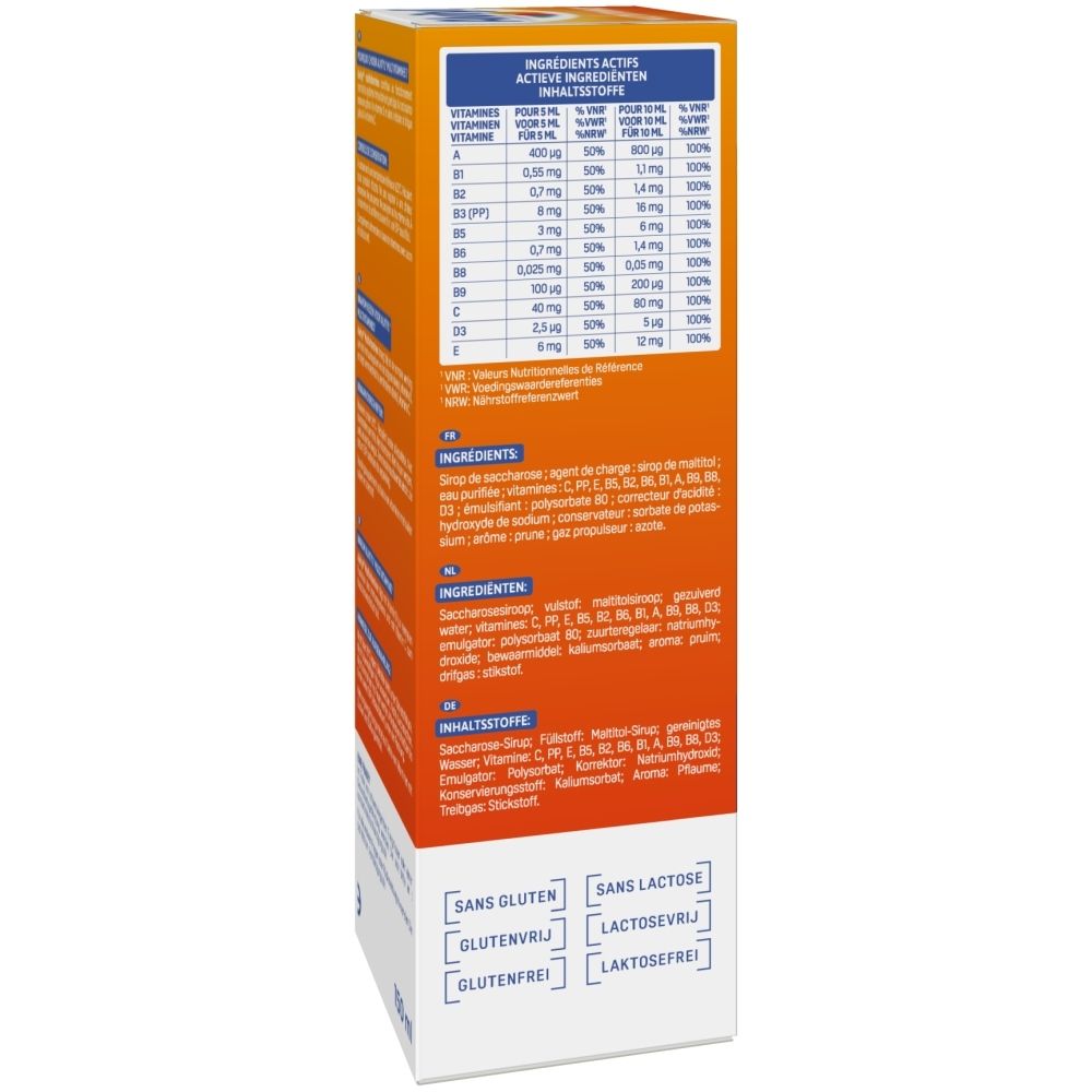 Alvityl Multivitamines 11 Vitaminen Siroop, achterkant met ingrediënten en gebruiksaanwijzing.