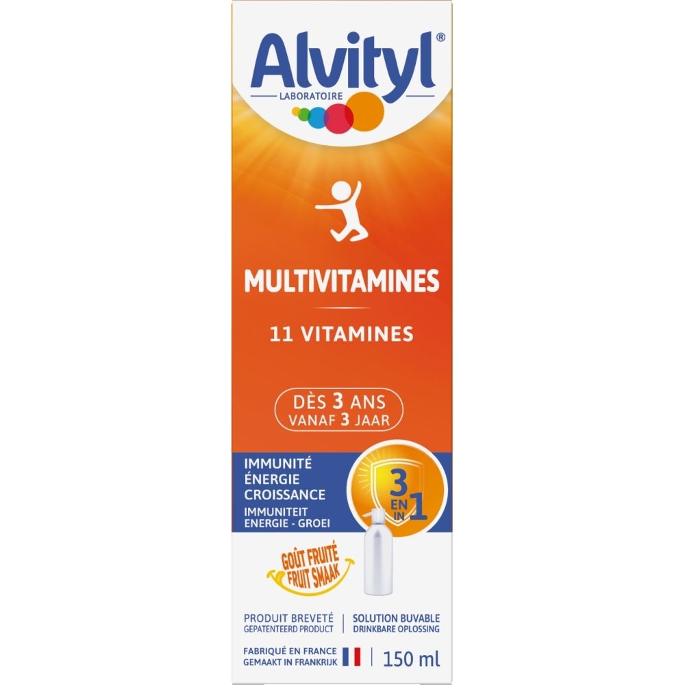 Alvityl Multivitamines 11 Vitaminen Siroop, 150 ml, Drinkbare oplossing, fruitsmaak, zijaanzicht.