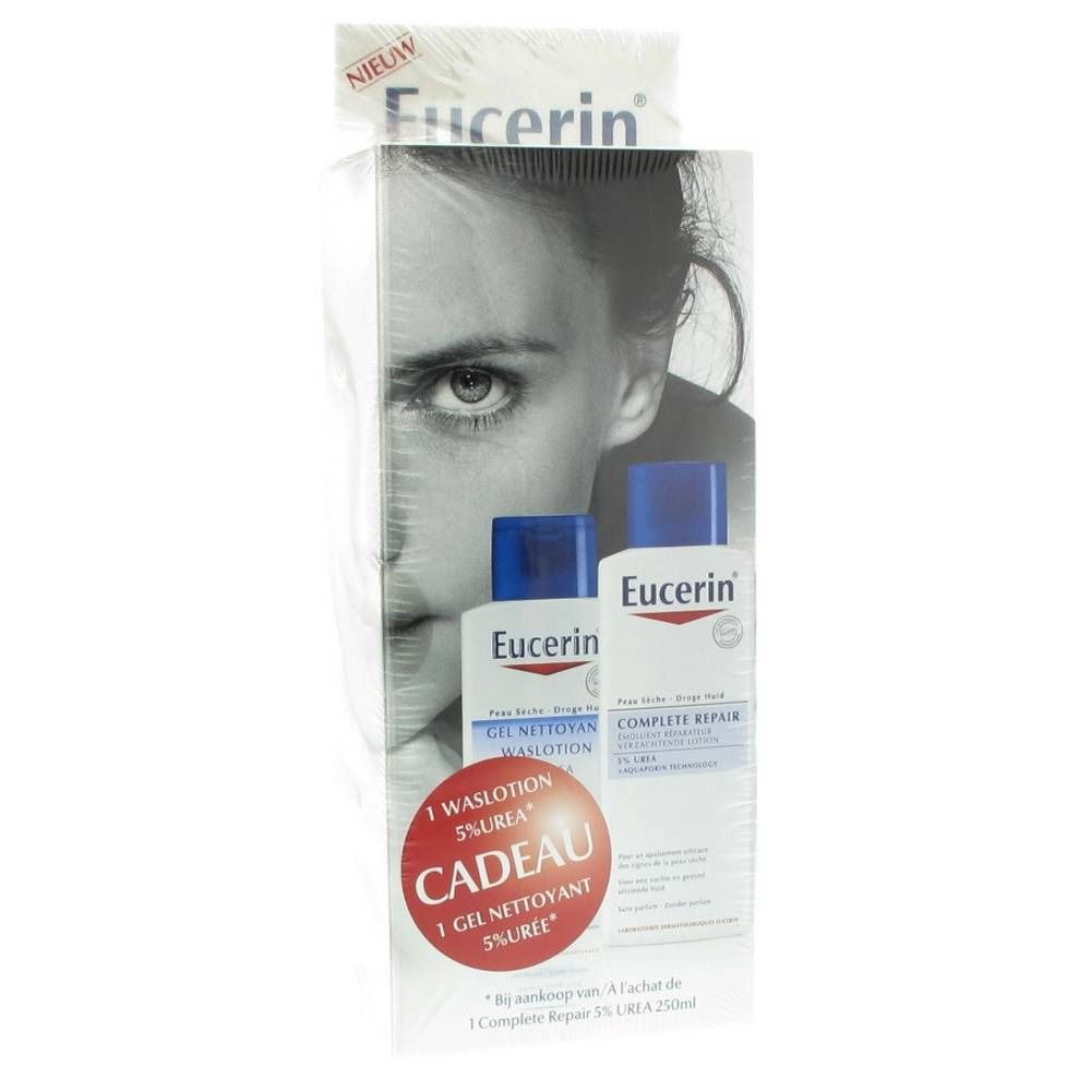 Verpakking met twee Eucerin producten. Een vrouwenportret is afgebeeld. Op de flessen staat "Eucerin". Er staat ook "Cadeau".