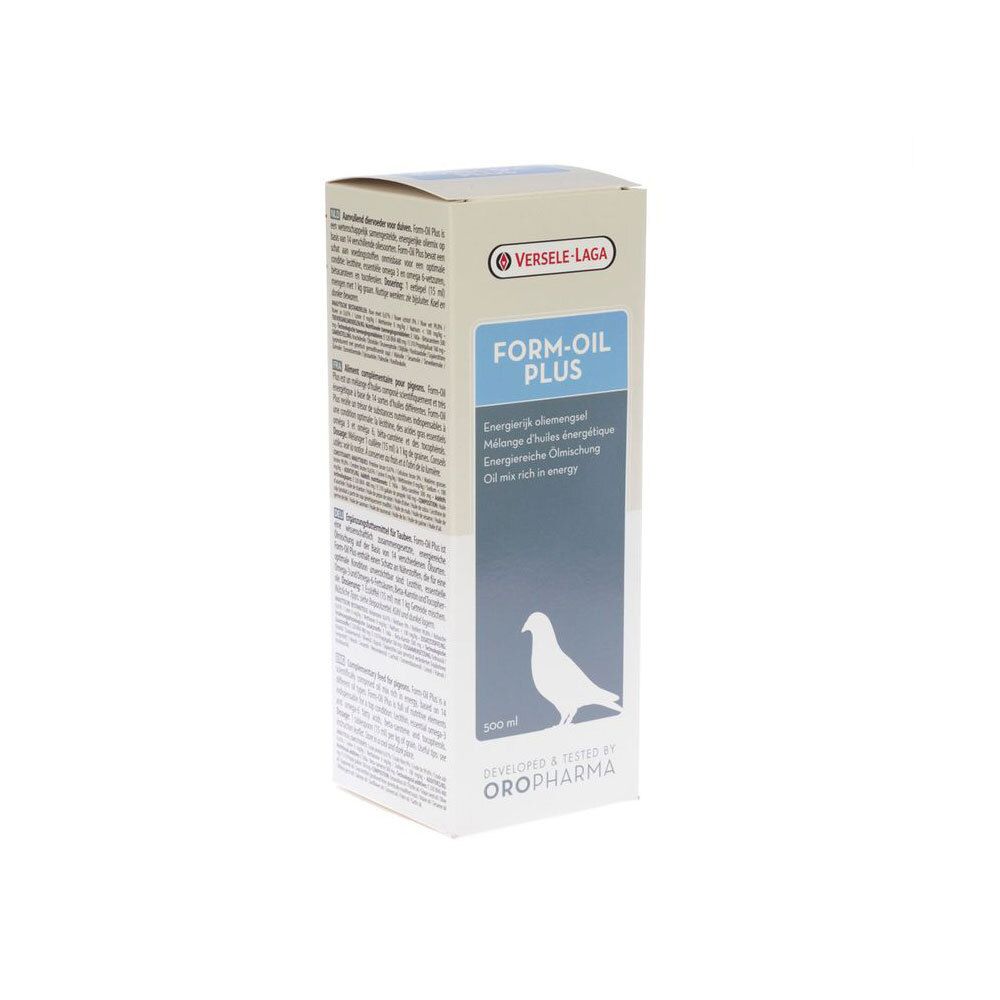 Doos met opschrift: FORM-OIL PLUS. Merk: Versele-Laga. 500 ml. Duif-silhouet.