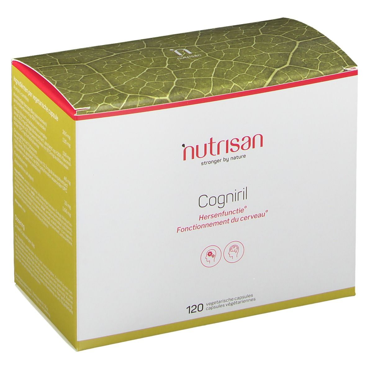 Doos Nutrisan Cogniril. Wit, rode en groene tekst. Bevat 120 capsules. Opschrift: Hersenfunctie, Fonctionnement du cerveau.