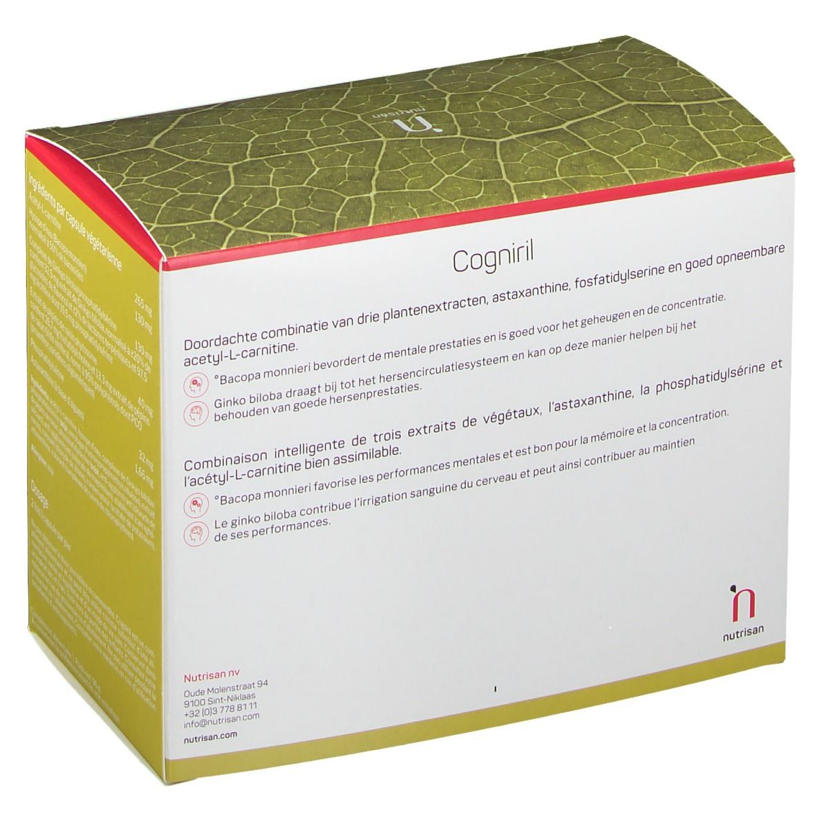 Doos Nutrisan Cogniril. Tekst in het Nederlands en Frans. Bevat informatie over ingrediënten en dosering.