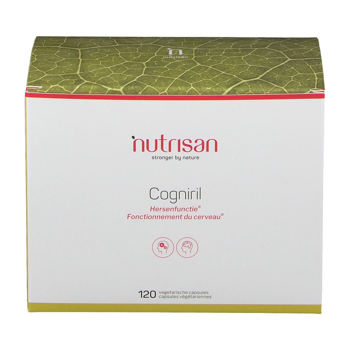 Doos Nutrisan Cogniril. Wit, rode en groene tekst. Bevat 120 capsules. Opschrift: Hersenfunctie, Fonctionnement du cerveau.