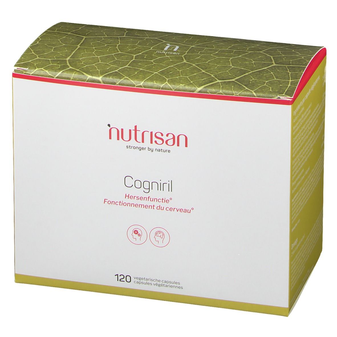 Doos Nutrisan Cogniril. Wit, rode en groene tekst. Bevat 120 capsules. Opschrift: Hersenfunctie, Fonctionnement du cerveau.