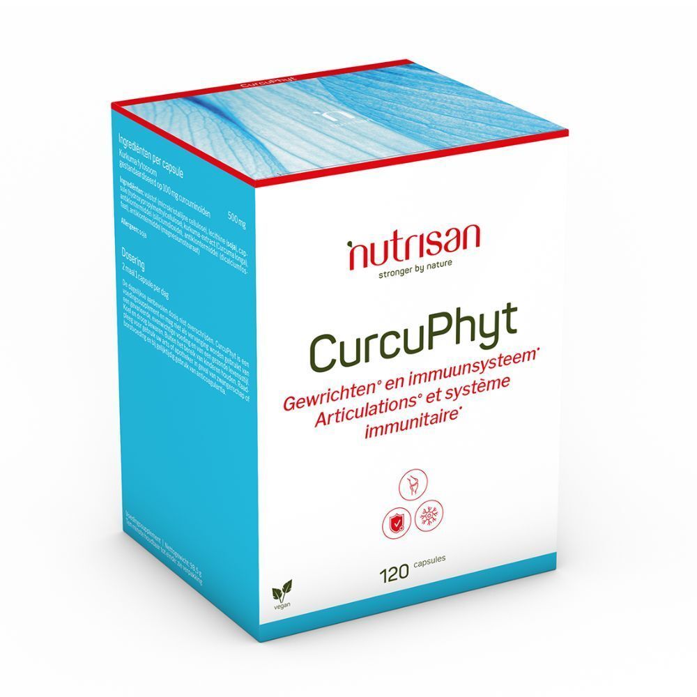 Doos Nutrisan CurcuPhyt, 120 capsules, voor gewrichten en immuunsysteem. Vegan logo. Blauw en wit.
