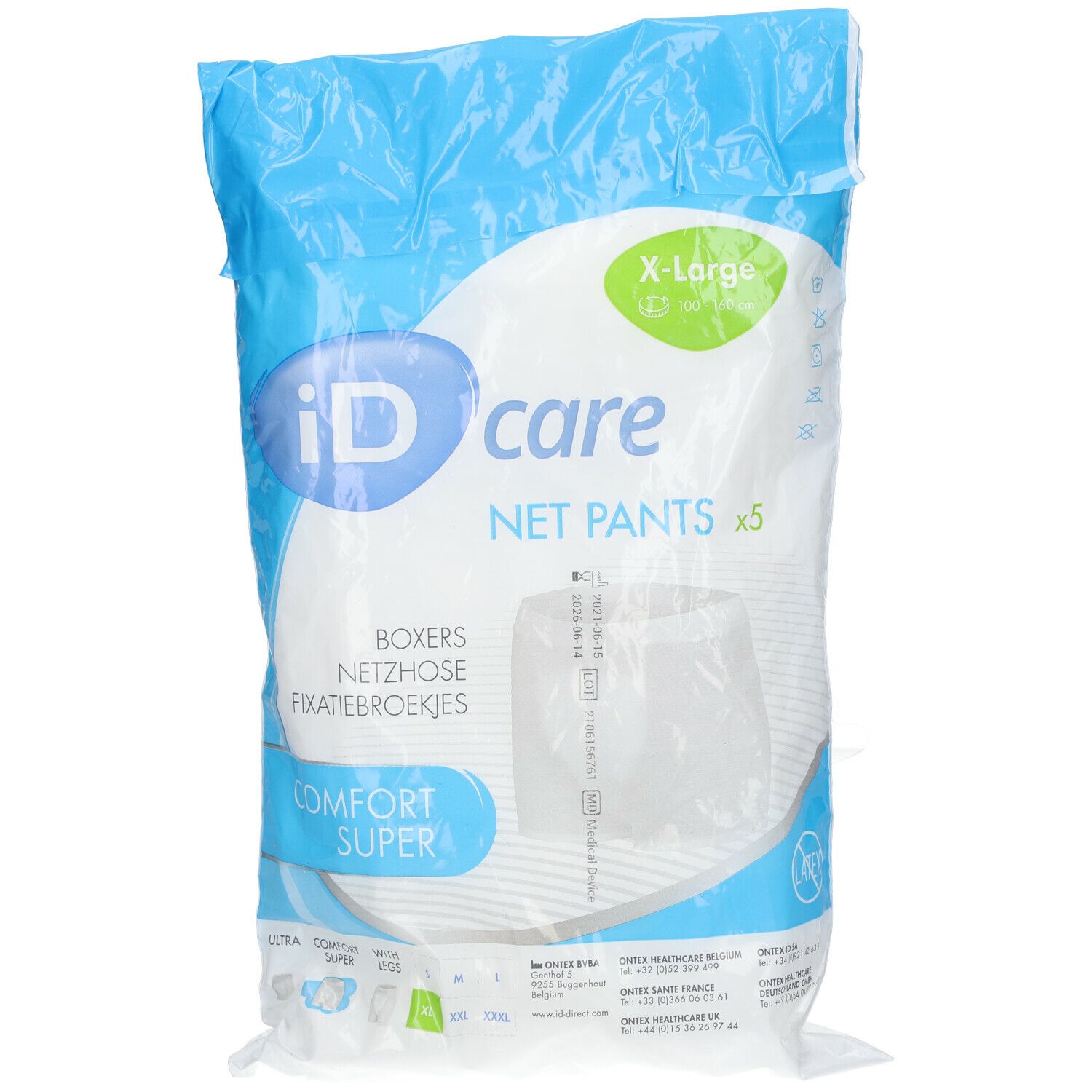 Verpakking iD care netbroekjes. Maat XL, 5 stuks. Opschrift: Comfort Super. Productinformatie.