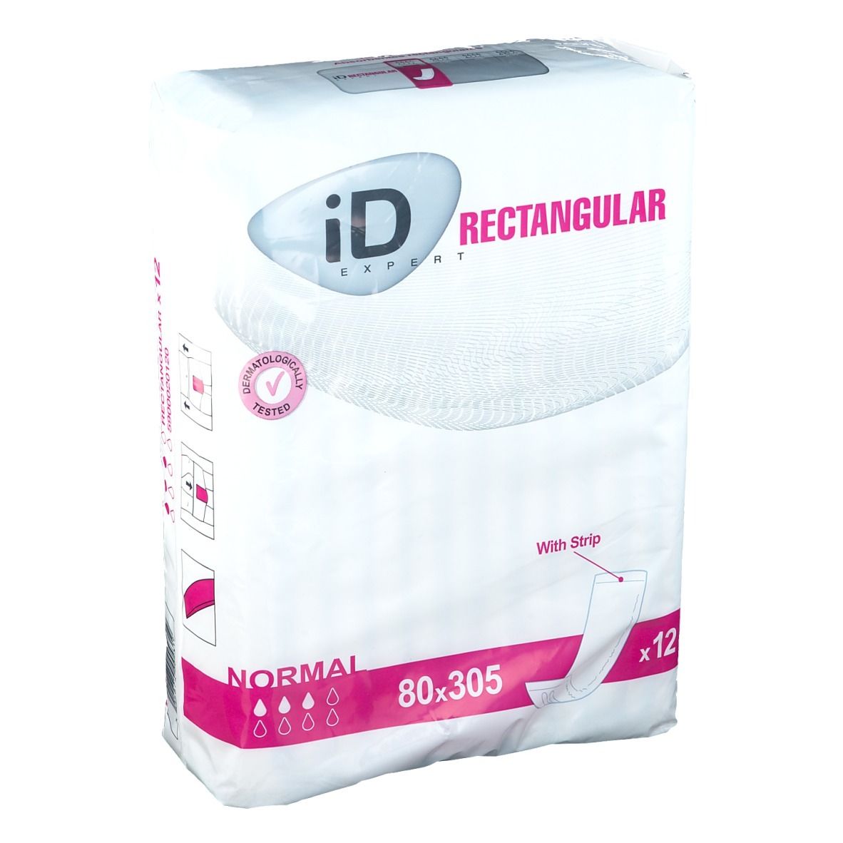 Paquet de protections rectangulaires. Inscription: iD Expert Rectangular, Normal, 80x305, avec bande. Testé dermatologiquement. Contient 12 pièces.