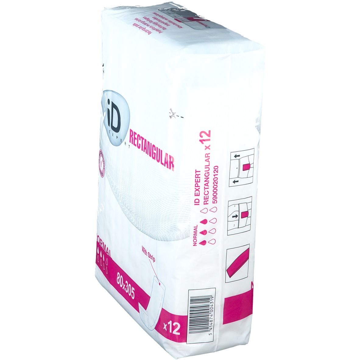 Vue oblique du paquet de protections rectangulaires. Inscription: iD Expert Rectangular, Normal, 80x305, avec bande. Contient 12 pièces. Code-barres.
