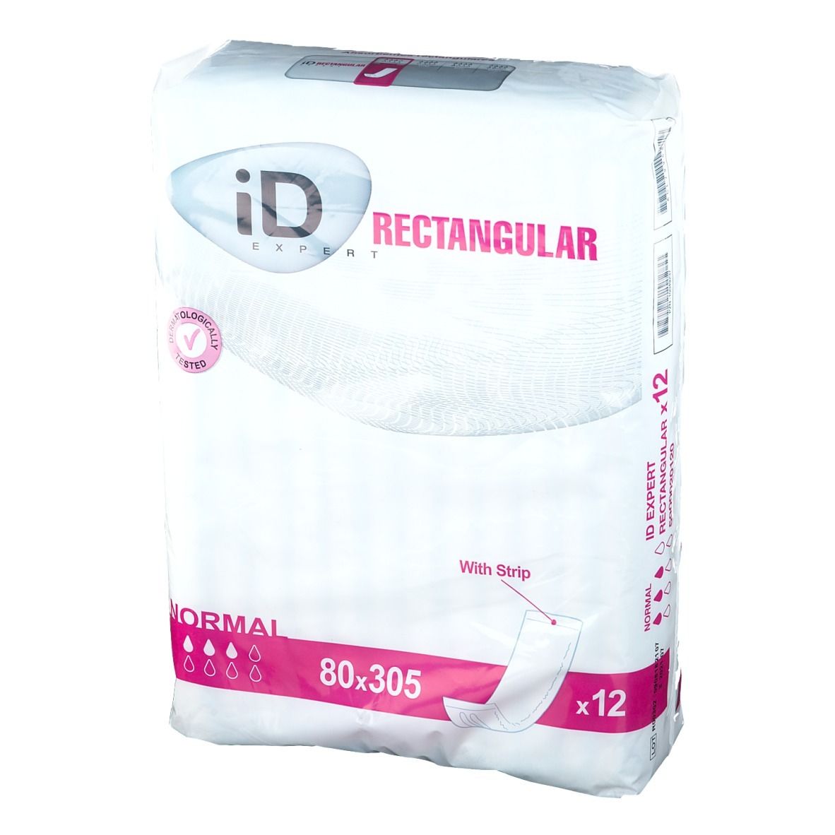Paquet de protections rectangulaires. Inscription: iD Expert Rectangular, Normal, 80x305, avec bande. Testé dermatologiquement. Contient 12 pièces.