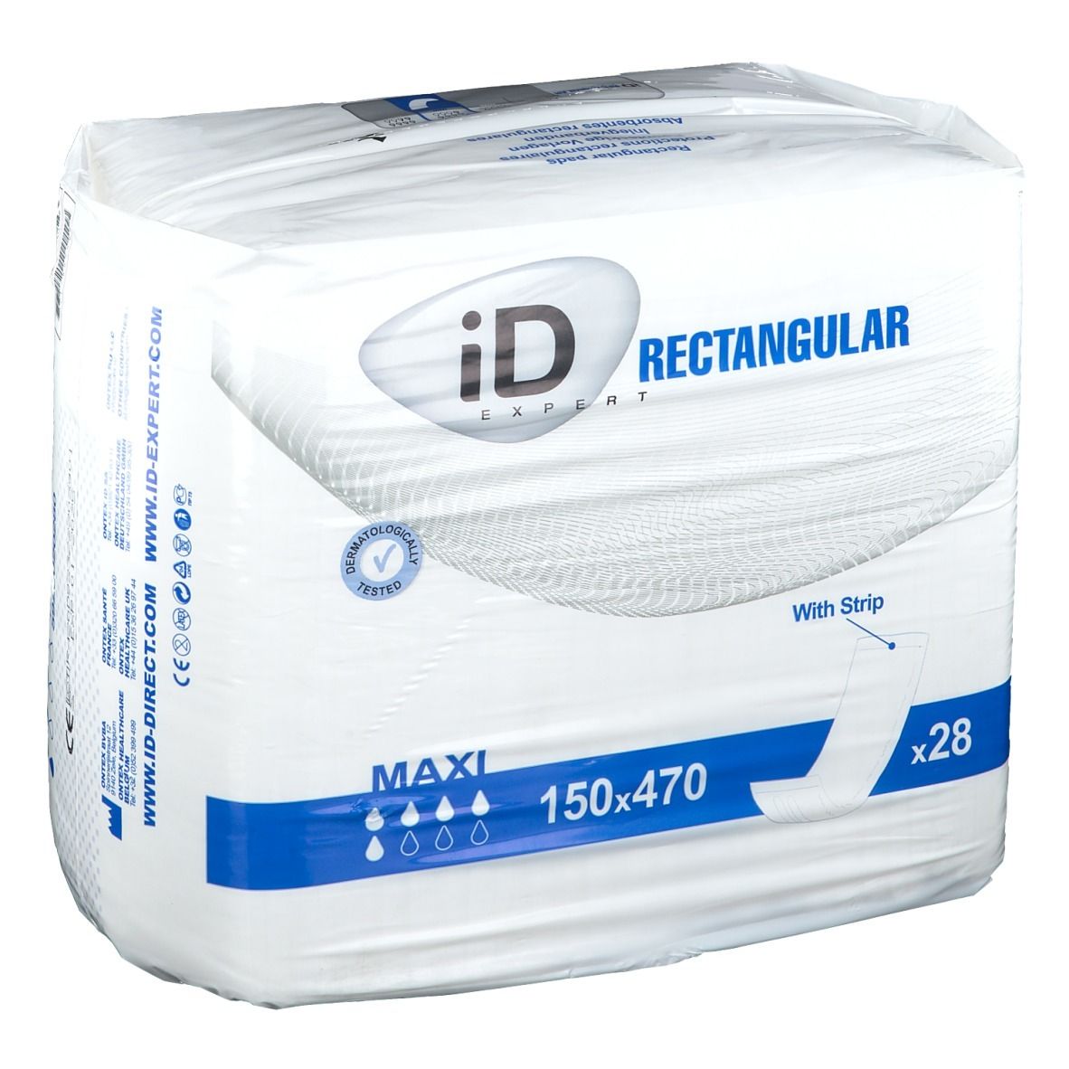 Paquet iD Expert Rectangular. Maxi, 150x470, avec bande. 28 unités. Testé dermatologiquement.