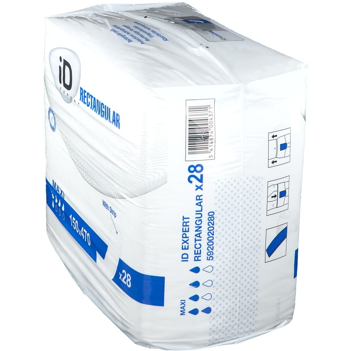 Paquet iD Expert Rectangular. Maxi, 150x470, avec bande. 28 unités. Informations produit et code-barres.