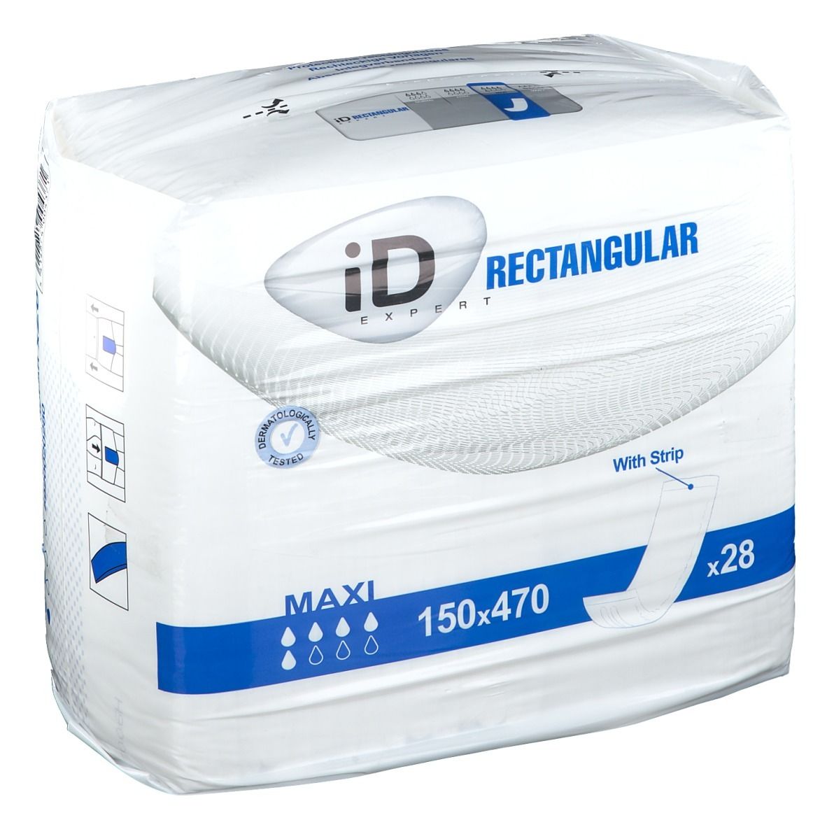 Paquet iD Expert Rectangular. Maxi, 150x470, avec bande. 28 unités. Testé dermatologiquement.