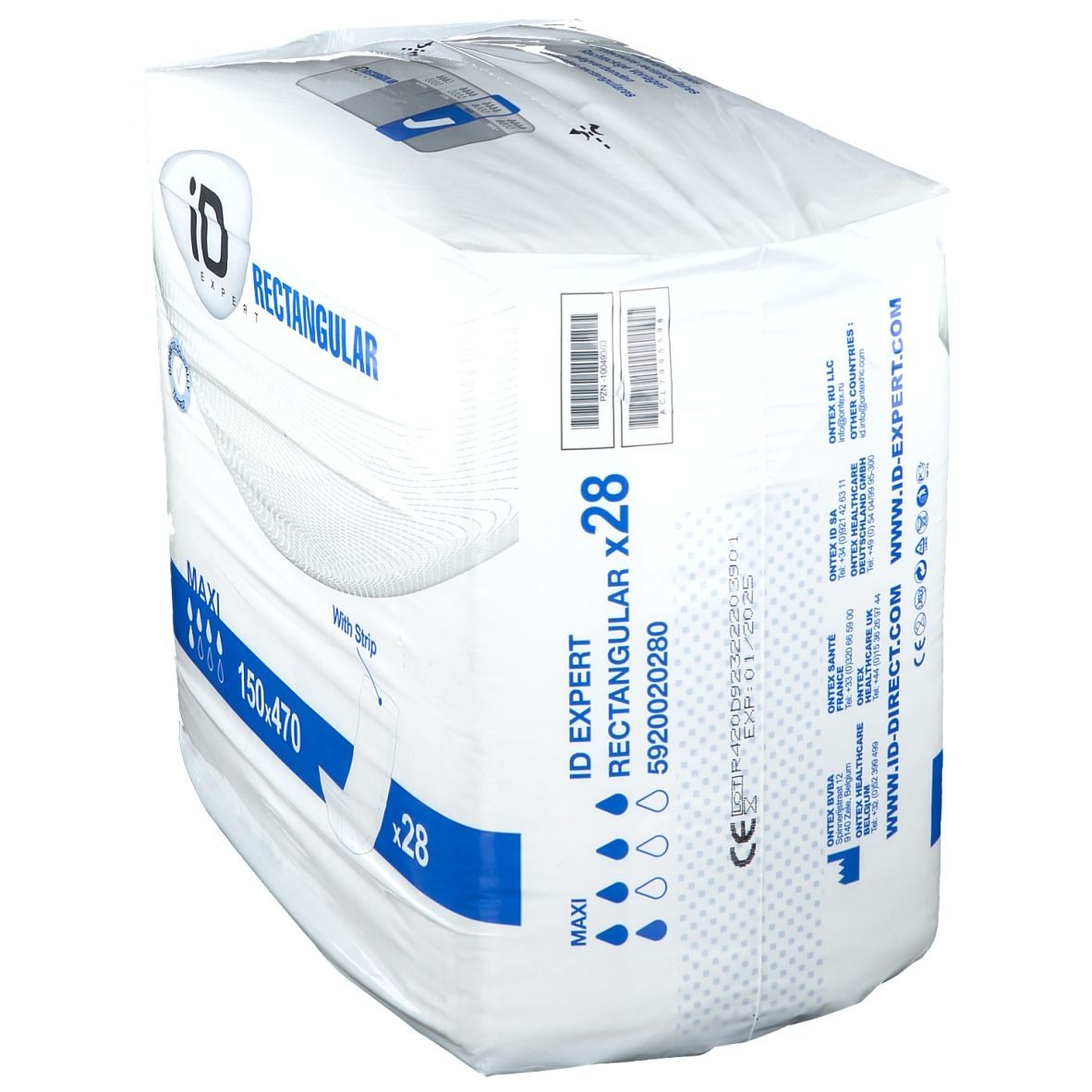 Paquet iD Expert Rectangular. Maxi, 150x470, avec bande. 28 unités. Marquage CE et informations produit.
