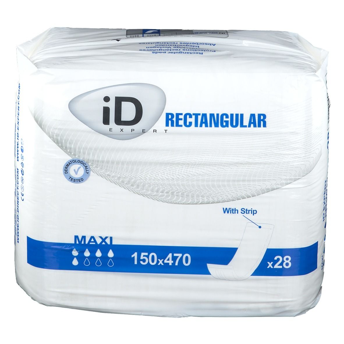 Paquet iD Expert Rectangular. Maxi, 150x470, avec bande. 28 unités. Testé dermatologiquement.
