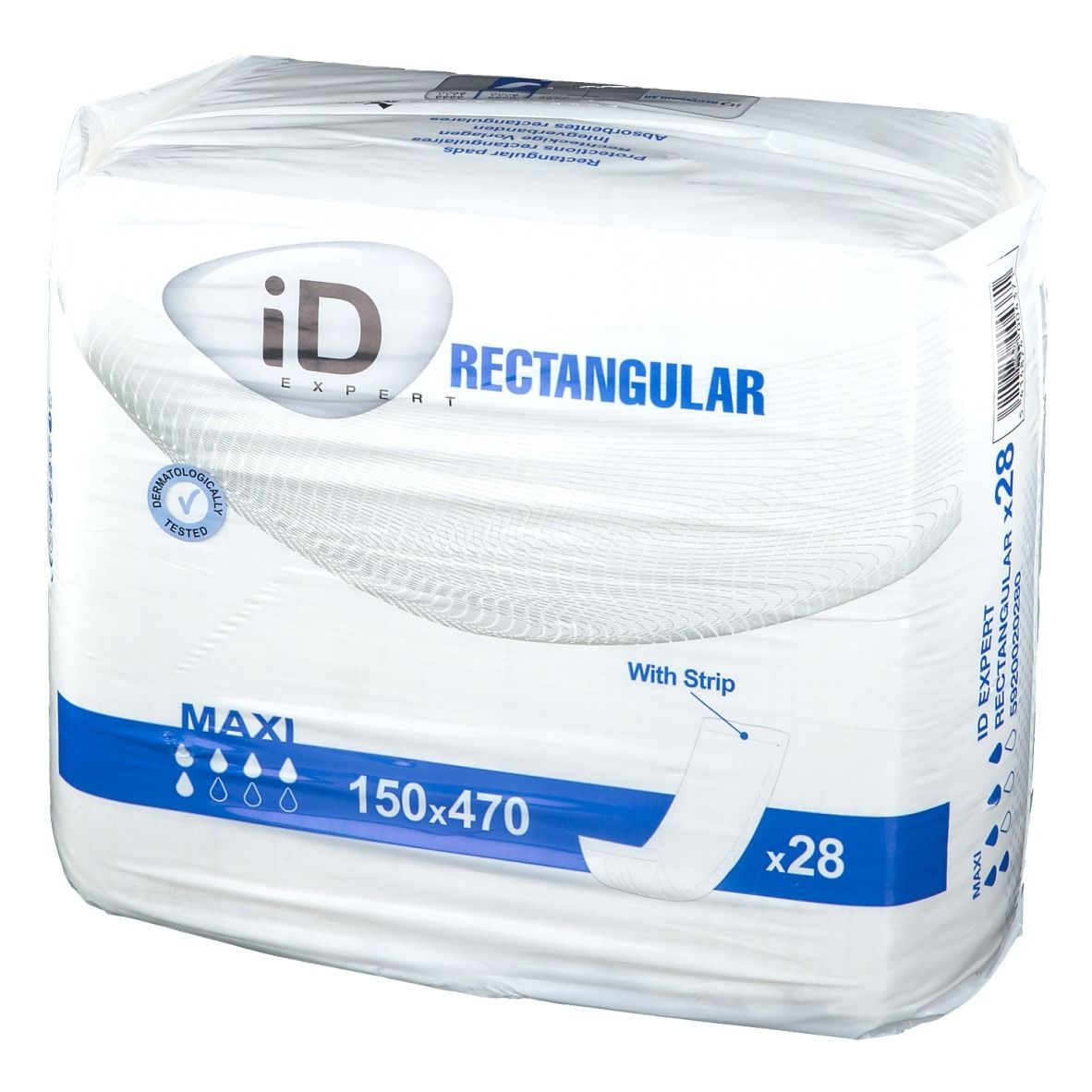 Paquet iD Expert Rectangular. Maxi, 150x470, avec bande. 28 unités. Testé dermatologiquement.